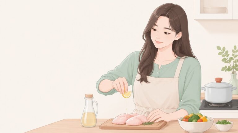 キッチンでレモンを絞り、揚げずに調理する女性