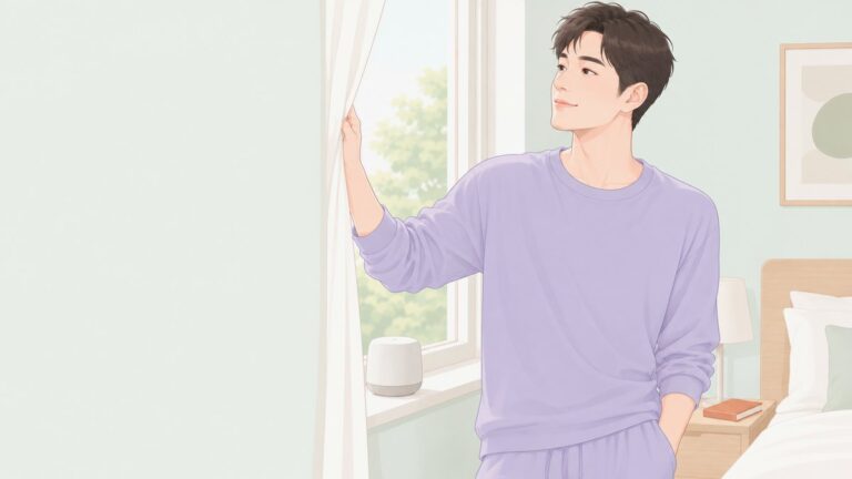 朝、カーテンを開けて光を入れる男性