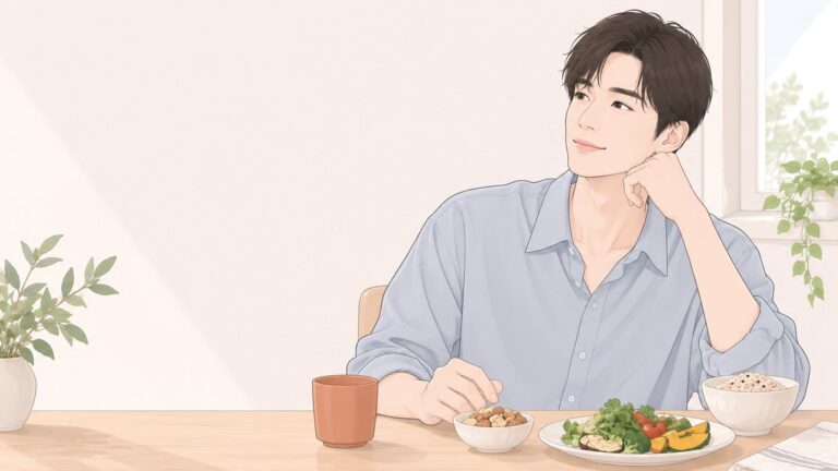 食卓でナッツと野菜中心の食事をとる男性