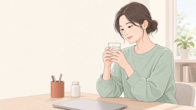 デスクで水とサプリを手元に置く女性