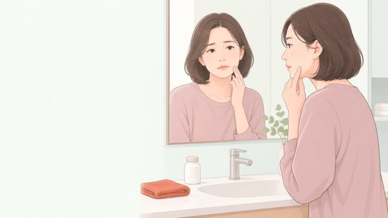 洗面台の鏡で肌の状態を確かめる女性
