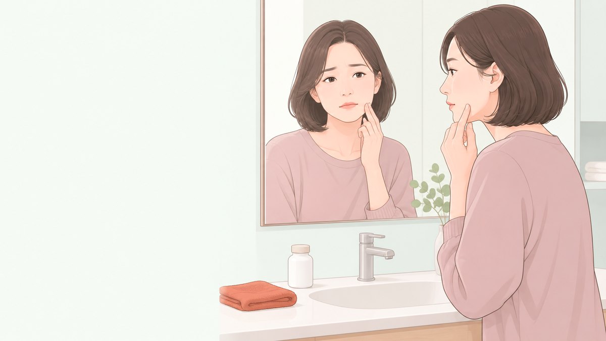 洗面台の鏡で肌の状態を確かめる女性