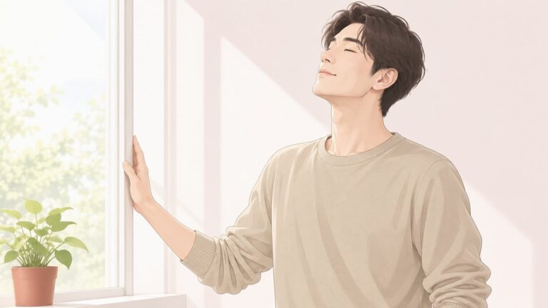 窓辺で日光を浴びる男性