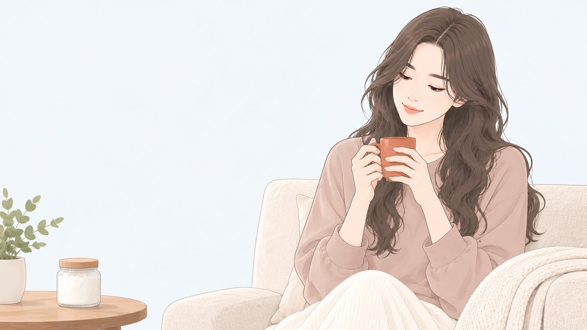 夜、ソファで温かい飲み物を持つ女性